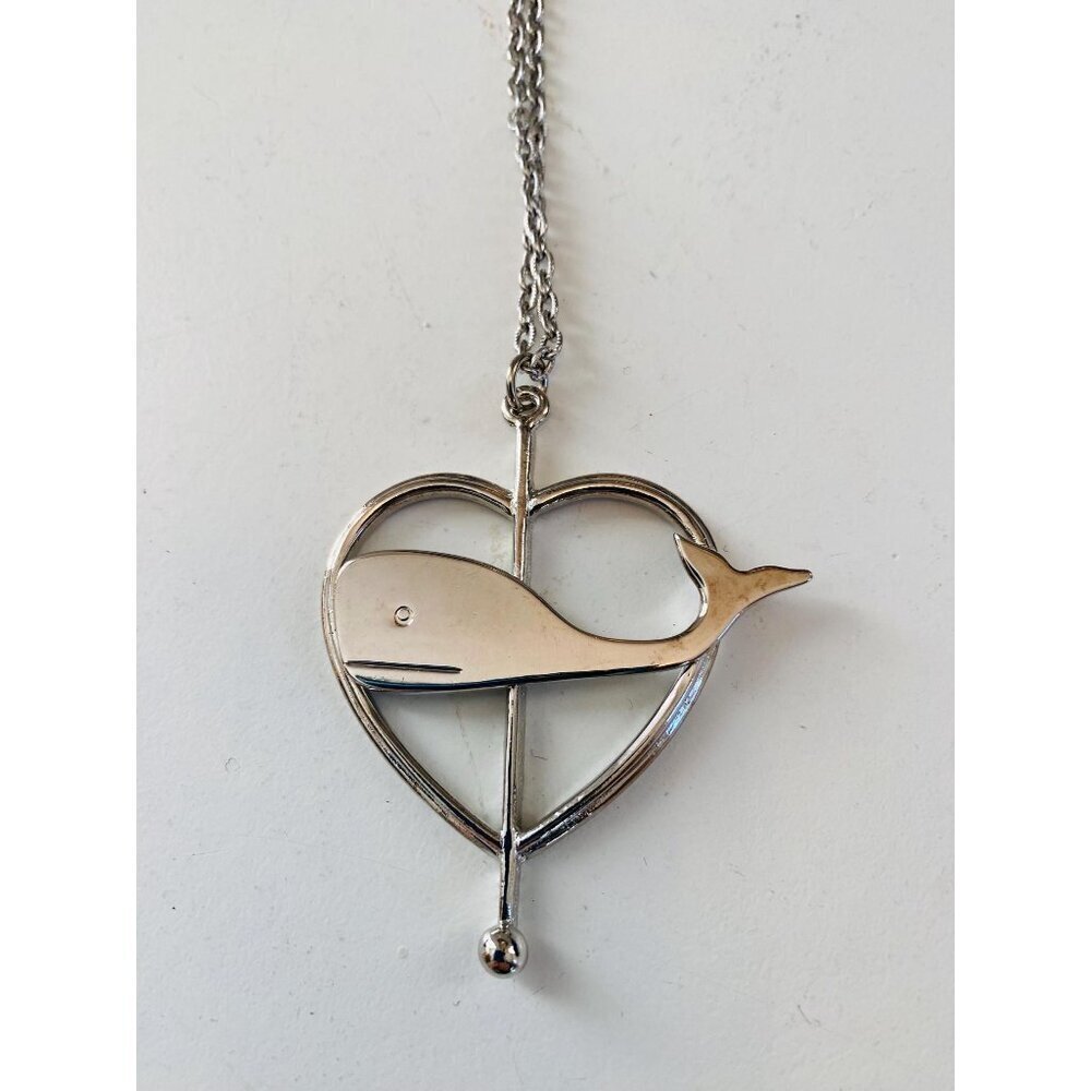 Vintage Whale in Heart Silver Tone Necklace, 1980s Nautical Costume Jewelry